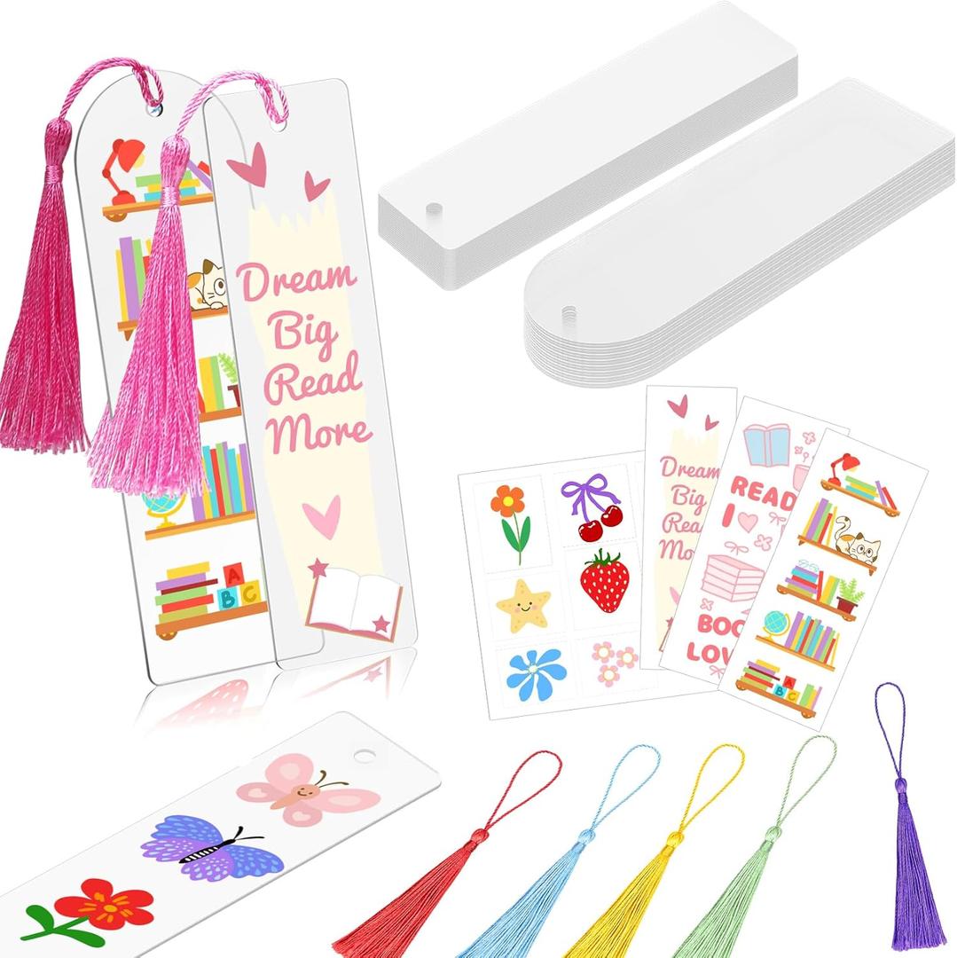 30PCS Acrylic Bookmark Blanks with 30 Tassels & 4 UV DTF Stickers, DIY Bookmark Making Kit for Teachers, Crafters  Personalized Tags for Gifts, School Projects, Party Favors (Mixed Pack)