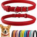 CollarDirect Rolled Leather Dog Collar, Soft Padded Round Puppy Collar, Handmade Genuine Leather Collar Dog Small Large Cat Collars 13 Colors (12-15 Inch, Red Smooth)