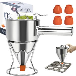Pancake Batter Dispenser, 40oz Stainless Steel No-Drip Funnel with 4 Caliber Funnel Cake Dispenser & Stand, Baking Tools for Pancakes, Cupcakes & Baked Goods