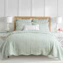 Levtex Home Martha Stripe Sage Reversible King/Cal King Quilt Set (106x92in) with 2 Pillow Shams (36x20in) - Stripe Bedding - Sage, White - Cotton King Size Quilt Bedding Set - Scalloped Edge