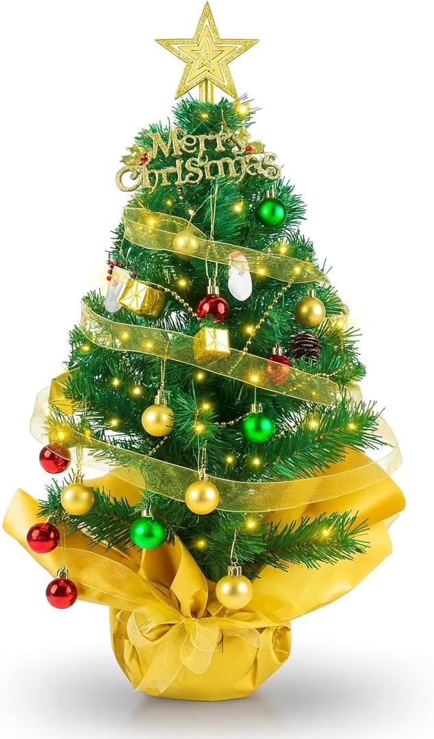 23-Inch Mini Tabletop Christmas Tree with Lights, Star Topper and Hanging Ornaments, Decorated Small Christmas Tree for Desk, Home or Office Holiday Dcor