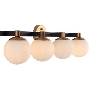 JONATHAN Y 34" Brass Gold/Black Modern Globe LED Vanity Wall Sconce Light, White Frosted Glass Shade, Mid-Century Art Deco Wall Lamp for Bathroom, Kitchen, Hallway (JYL3543A), 4 Bulb