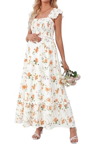 OUGES Womens Summer Maternity Maxi Dresses for Photoshoot Ruffle Sleeve Square Neck Wedding Guest Baby Shower Long Dress Flowy Pregnancy Must Have Maternity Clothes(White Orange Floral,M)