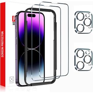 [2+2 Pack] 2 Pack Screen Protector for iPhone 14 Pro 6.1 inch and 2 Pack Camera Lens Protector with Installation Frame, 9H Hardness Tempered Glass, Scratch Resistant - Case Friendly