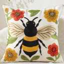 Embroidered Throw Pillow Cover 18x18 Inch - Spring Boho Decorative Animal Pillow Covers with Zipper for Couch Sofa Bedroom Living Room Cushion Pillowcase, Bee Floral