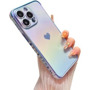 ZTOFERA for iPhone 14 Pro Case 6.1 inch,Cute Colorful Iridescent Plating Edge Case with Love Hearts Pattern,Camera Lens Protection Shockproof Phone Case for Women Girls,Iridescent Blue