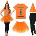 Mepase 4 Pcs Crayon Costume Set Crayon T Shirt Tutu Skirt Gnome Cone Hat Leggings for Women Group Team Outfit (Medium, Orange)
