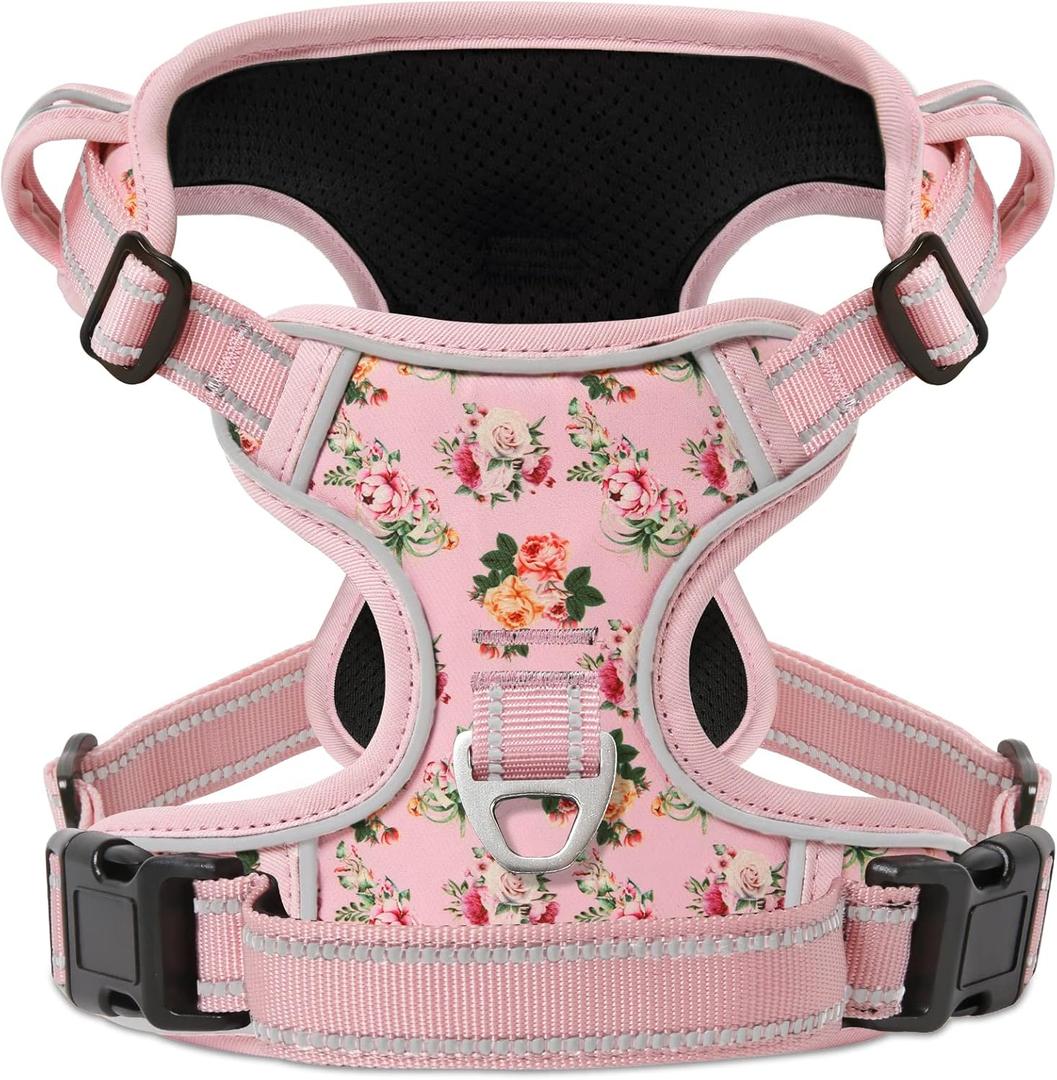 HEELE Dog Harness, No Pull Adjustable Padded Reflective Harness for Medium Dogs with Handle for Walking Training, Flower-Pink, M
