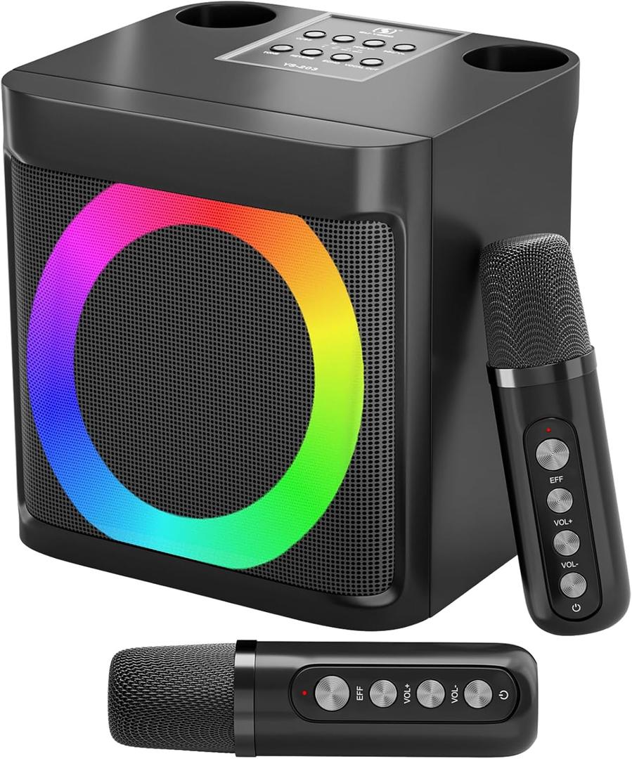 Karaoke Machine for Kids Adults - Portable Bluetooth Speaker with 2 Wireless Microphones, Singing Machine for Home Party, Birthday Gifts for Girls Boys Ages 4, 5, 6, 7, 8, 9, 10, 11, 12+ Years Old (Black-Lights)