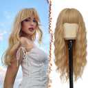BARSDAR Long Wavy Blonde Wig With Bangs - 26 Inch Long Wavy Beige Blonde Wig with Bangs for Women - Thick Soft Synthetic Hair Replacement Wigs Natural Looking Daily Cosplay Party Halloween