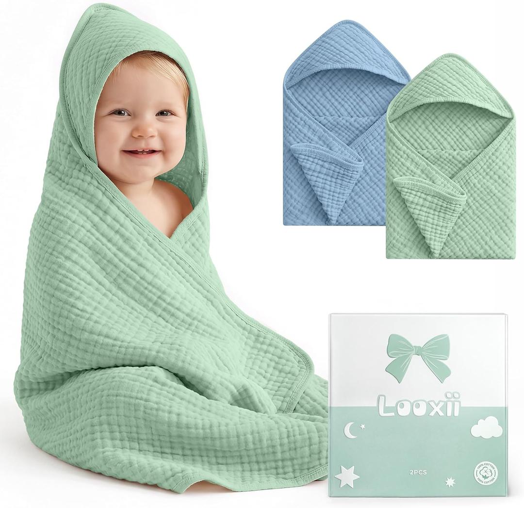 Looxii Baby Bath Towels 2 Pack Muslin Hooded Baby Towels for Newborn and Infants, 100% Cotton, Large 32x32Inch, Soft and Absorbent Blue+Green