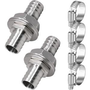 1/2 Inch Stainless Steel Hose Barb Bulkhead Fitting for Water Fuel Air Systems with Flat Washers and Clamps (2 Pack)