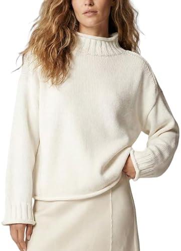 Wyeysyt Women's Oversized Rollneck Sweater Chunky Cable Knit Soft Pullover Sweater Fall Winter Casual Knitwear, White, Size L