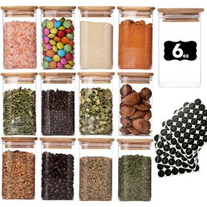 6oz Glass Spice Jars with Bamboo Lid and Label, 12 Pack Square Glass Container, Small Food Storage Containers for Kitchen, Clear Empty Seasoning Jar for Sugar, Salt, Coffee Bean, Herb, Borosilicate