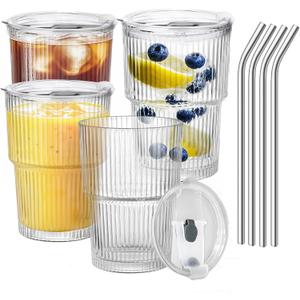 4pcs Glass Cups with Lids and Straws,14Oz Ice Coffee Cups With Lids Glass Tumbler With Straws,Glasses Go to Traveling Mugs For Cold Drinks Smoothie Juice Drinking (13.9 Ounces)