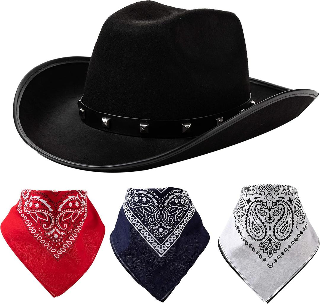 Spooktacular Creations Western Cowboy Hat, Felt Hat, Cowboy Cowgirl Accessory Set with 3 Pcs Bandanas for Halloween Party (Black)