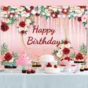 Pink Happy Birthday Backdrop for Women 7x5Ft Pink and Red Rose Birthday Backdrop Banner for Girl 's Party Decorations Banner for 30th 40th 50th Women Polyester Photography Background 7x5Ft