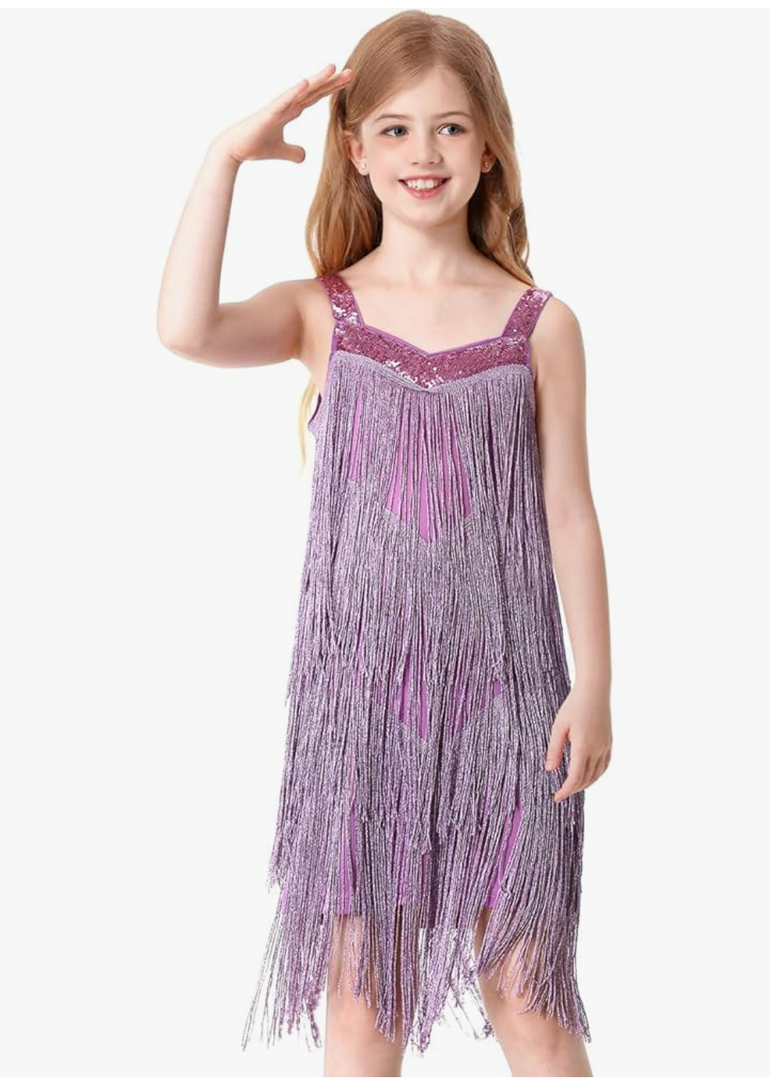 Cuecutie Kids Sequin Fringe Dress Sparkling Tassel Sleeveless Latin Dance Dress Salsa Dancewear Dancer Outfits for Girls (Large, Purple)