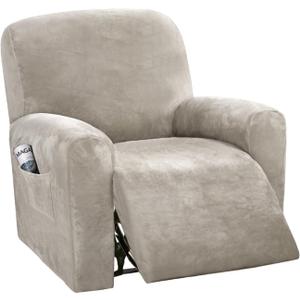 H.VERSAILTEX Velvet Stretch Recliner Couch Covers 4-Pieces Style Recliner Chair Covers Recliner Cover for Reclining Chair Slipcovers Feature Non Slip Form Fitted Thick Soft Washable, French Oak, 37"D x 39"W x 41"H