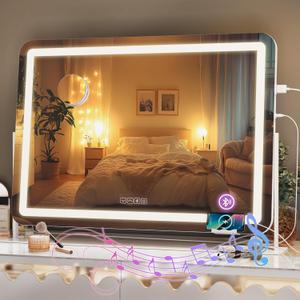 Hasipu Vanity Mirror with Lights and Bluetooth Speaker, 27.6" x 19.7" LED Makeup Mirror, Light up Mirror with 10X Magnification, USB Charging Port, Smart Touch 3 Colors Dimmable (White)