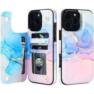 HAOPINSH for iPhone 16 Pro Max Wallet Case with Card Holder, Pink Blue Marble Pattern Back Flip Folio PU Leather Kickstand Card Slots Case for Women Girls, Double Magnetic Clasp Shockproof Cover 6.9"