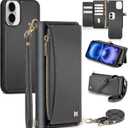 Wallet Case for iPhone 16 with Card Holder/Crossbody Wallet/Strap,[RFID Blocking][Magnetic] PU Leather Shockproof Protective Cover iPhone 16 Phone Case,6.1in,Black