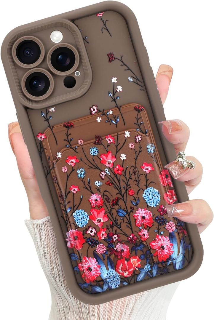 MOWIME Compatible with iPhone 16 Pro Max Case with Card Holder,Cute Fashion Red Floral Translucent Matte Soft TPU Back Shockproof Anti-Scratch Wallet Phone Case Cover Women Girls-Brown