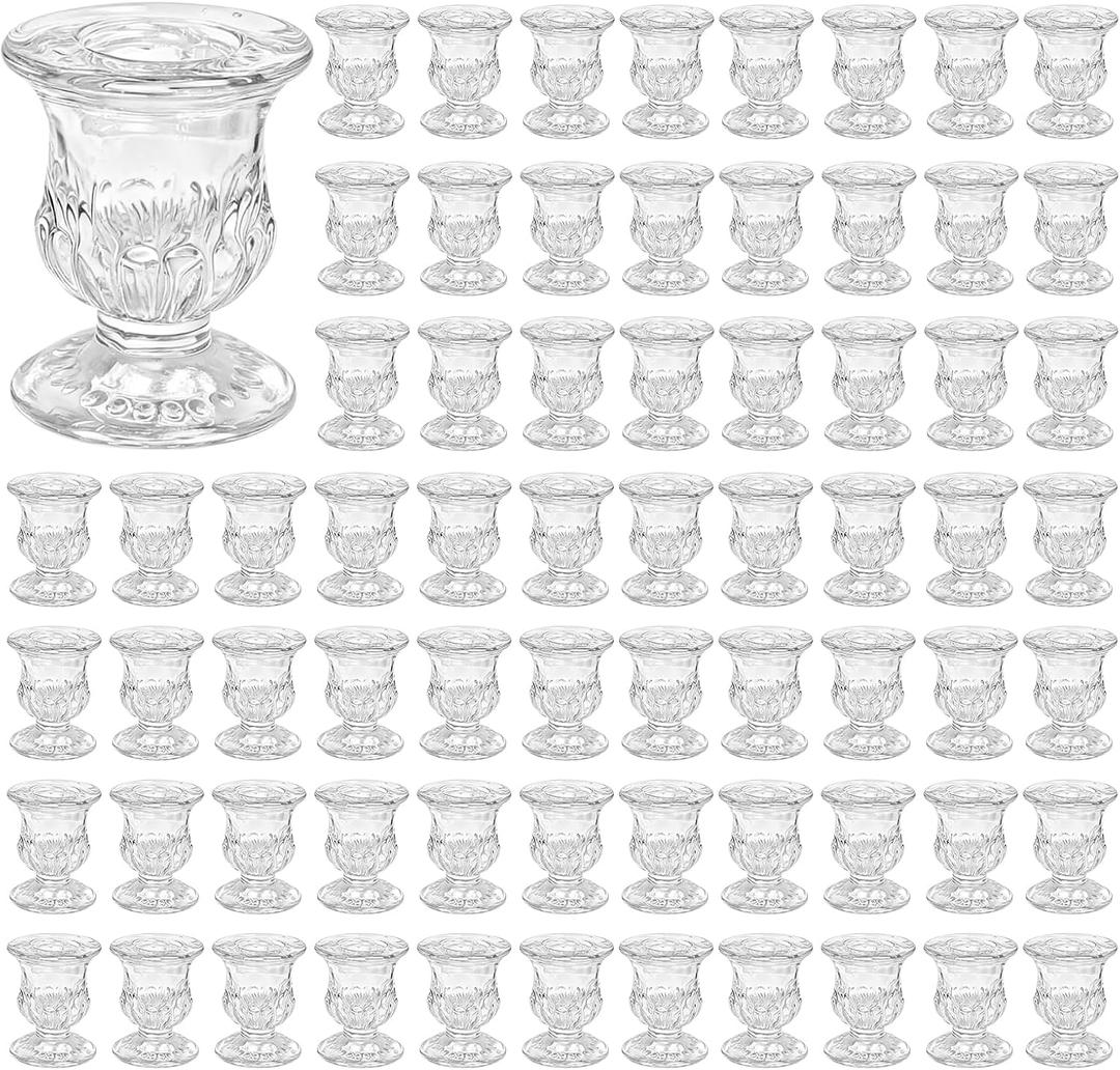 80 Pcs Glass Candlestick Holders Bulk 2.5 Inch Clear Glass Small Ritual Candle Stand Taper Candle Holders Table Centerpieces for Christmas Wedding Party Dining