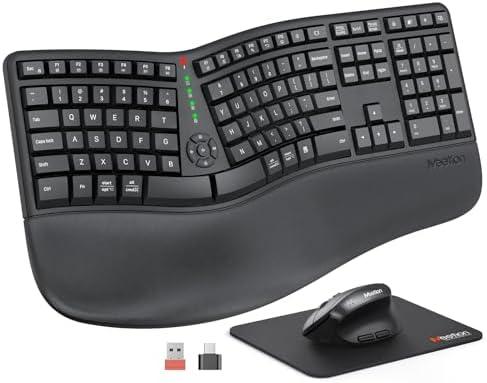MEETION Ergonomic Wireless Keyboard and Mouse, Ergo Keyboard with Vertical Mouse, Split Cushioned Wrist Palm Rest, Natural Typing, Rechargeable, Full Size, Windows/Mac/Computer/Laptop, Black Director