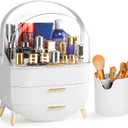 Haturi Makeup Organizer, Skincare Organizers w/Brush Holder, Cosmetics Organizer with Drawers, Waterproof & Dustproof Makeup Organizer for Vanity, Preppy Skin Care for Bathroom, Dresser, Countertop