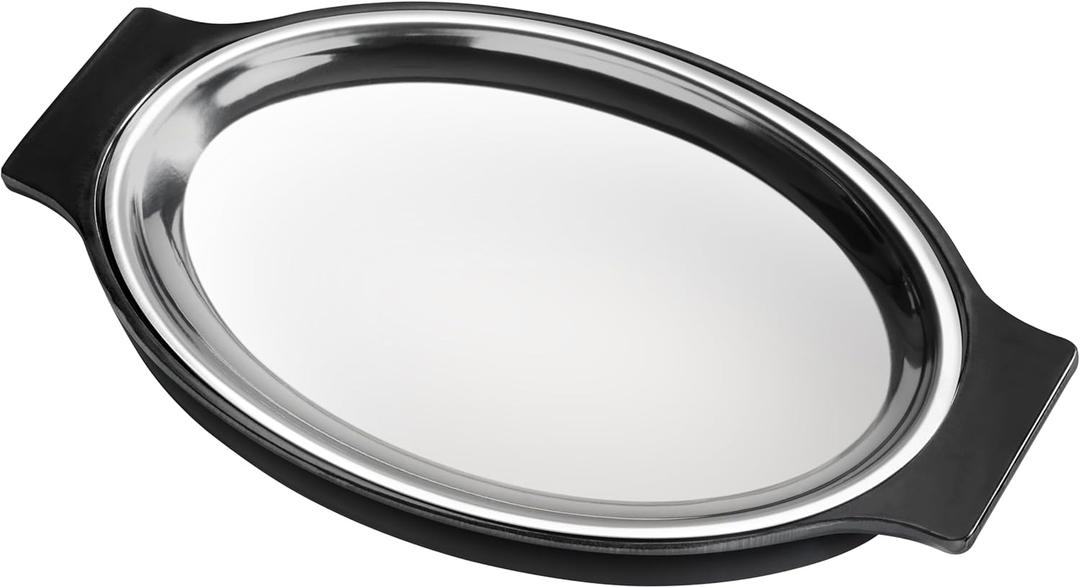 New Star Foodservice 26733 Oval Stainless Steel Sizzling Platter with Insulated Holder, 11.63" x 8", Black