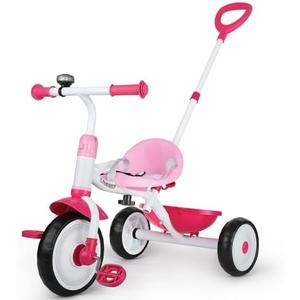 Liberry 2 in 1 Toddler Tricycle Age 2 3 4 Years Old, Kids Trike with Adjustable Push Handle, Bell & Basket, 3 Wheel Bike Riding Toy Birthday for Girls Boys, Pink