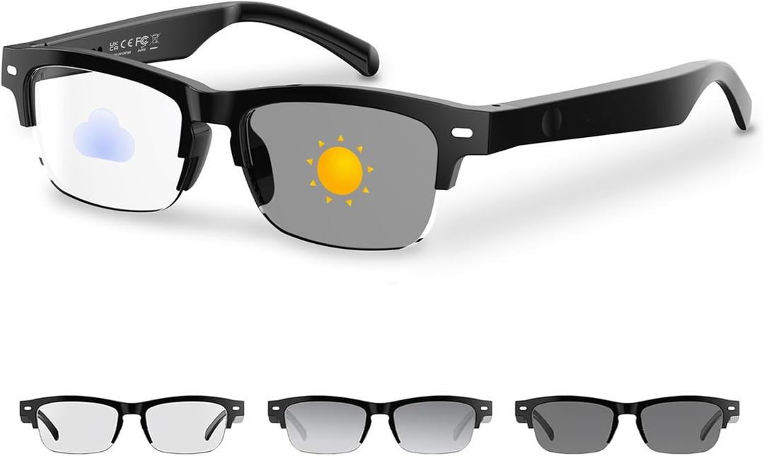 Smart Glasses for Women Men, Anti-blue Light Photochromic Lenses, Open-ear Half-frame Design, 26.1g Lightweight Music Eyeglasses, Bluetooth Sunglasses with Speakers for Travel Sports Business (YX01-Standard Smart Glasses-black)