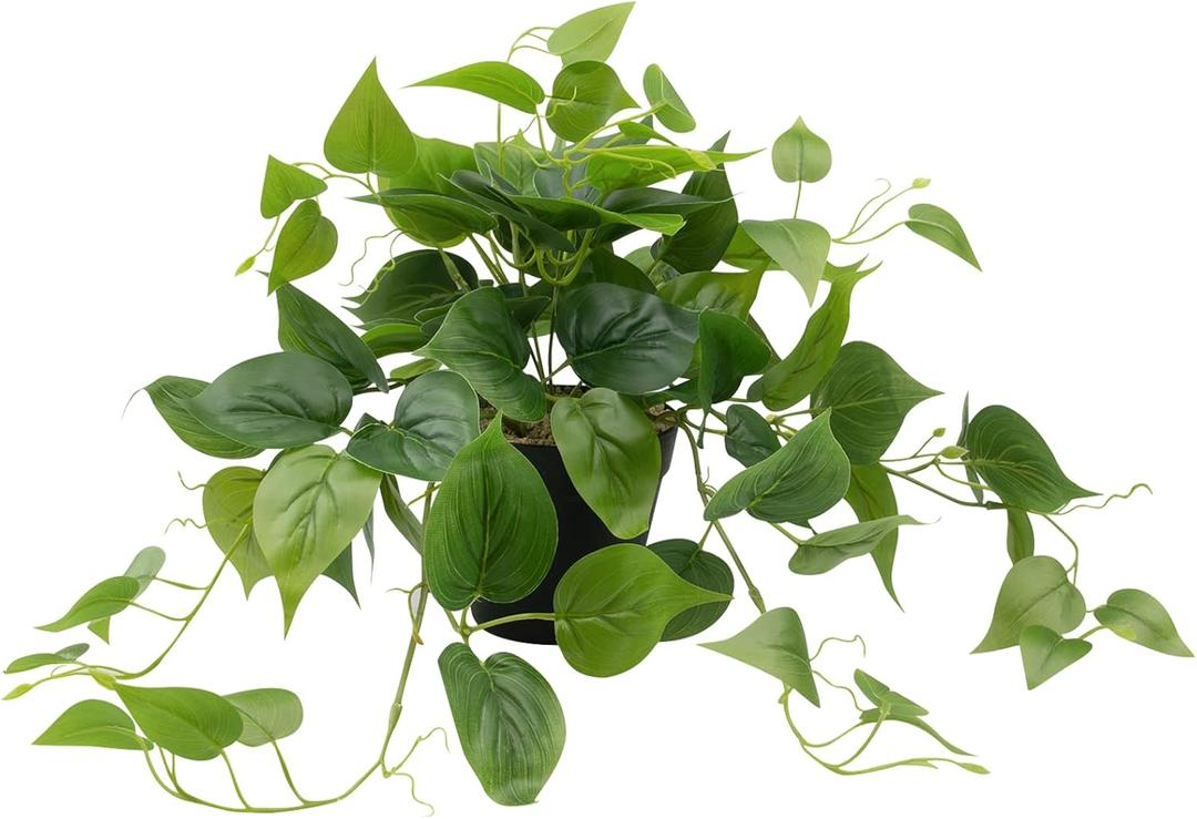 LOYWREE Artificial Scindapsus Aureus Fake Pothos Plants in Black Pots - Realistic Faux Indoor Greenery Potted for Home, Office, Desk, Shelf, Living Room, Bedroom, Balcony, Patio & Garden Decor