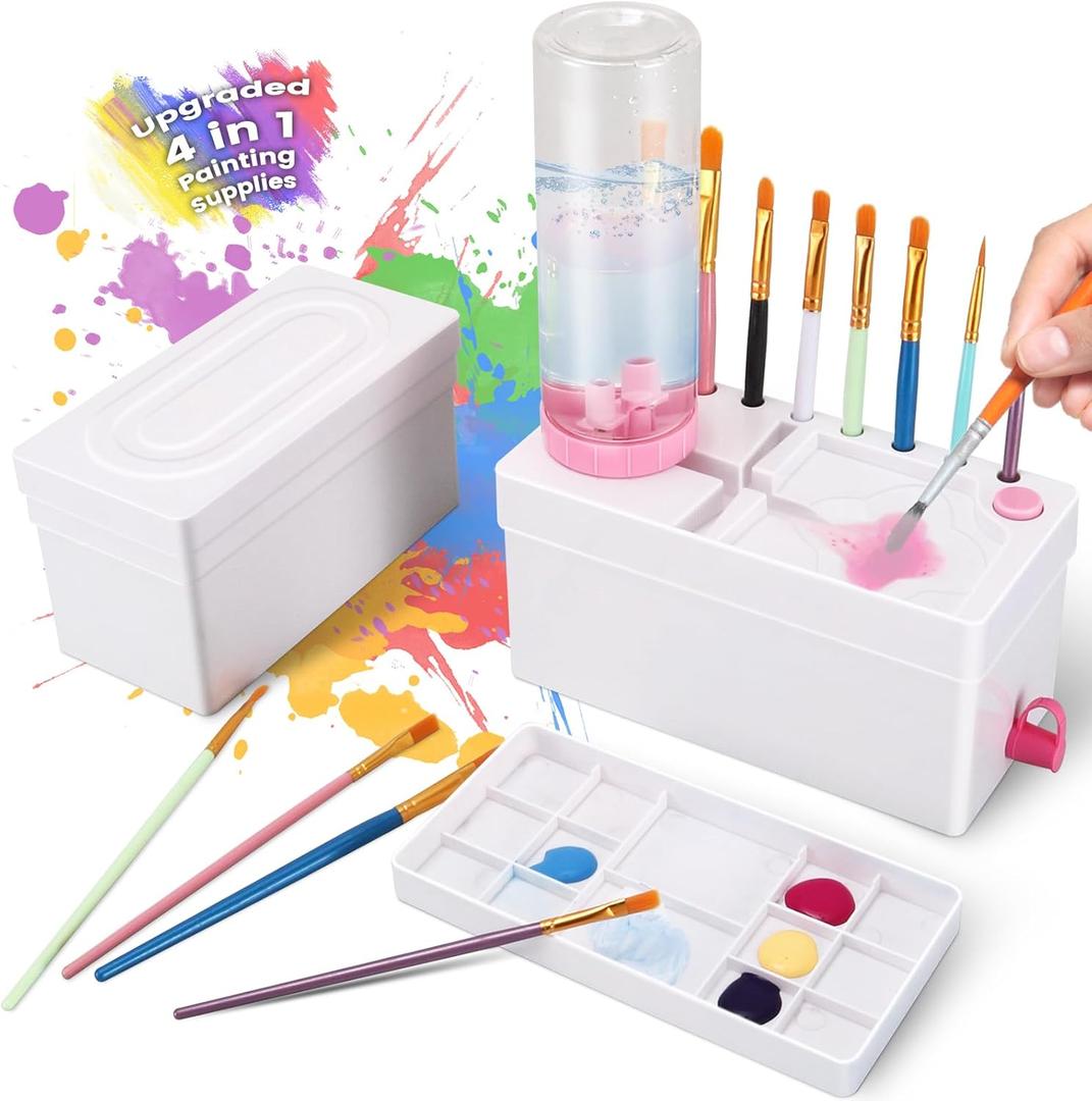 2025 New Paint Brush Cleaner, Upgraded 4-in-1 Brush Holder with Palette, Brush Rinser for Acrylic Paint Water Dispenser Washer Painting Station for kids Paintbrush Cleaner Watercolor Accessories (Pink)