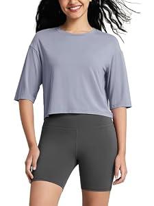 ODODOS Women's PeachSoft Relaxed Fit Cropped T-Shirt, Short Sleeve Crew Neck Casual Lounge Top, Grey Blue, Small