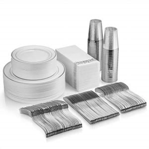 350PCS Silver Plastic Dinnerware Set, Disposable Party Plates for 50 Guests, Include: 100 Plastic Plates, 50 Pre Rolled Napkins with Silver Silverware, 50 Cups