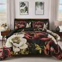 Dintszyayue Black Comforter Set Queen Size, 7 Pieces Floral Bed in a Bag Set, Texture Red Flower Bedding Sets, Soft Microfiber for All Season with Flat Sheet Fitted Sheets Pillowcases and Shams