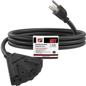 EP 6 Ft Outdoor Extension Cord with 3 Electrical Power Outlets - 16/3 SJTW Black Cable with 3 Prong Grounded Plug for Safety Great for Christmas Lights, Garden and Major Appliances
