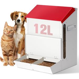 Automatic Cat Feeder 2 Cats,50cups/12L Automatic Pet Feeders Large Capacity Outdoor Galvanized Steel Multiple Cats Feeder Gravity Dog Dry Food Dispenser with Lid