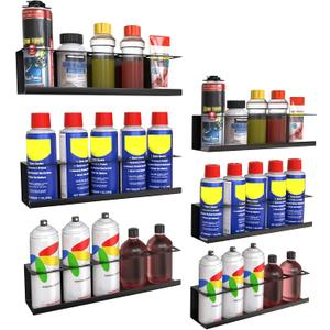 Riciakik 6 Pack Spray Bottle Holder Wall-Mounted, Aerosol Spray Can Holder Storage Rack, Heavy-Duty Paint Bottle Organizer with 30 Holes, Steel Black Spray Rack for Garage, Shop, Home or Tool Trailer