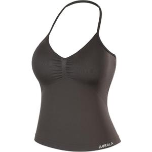 AUROLA Influence Longline Strappy Workout Halter Tops for Women,Removable Cups Padded Bras Impact Gym Yoga Sleeveless Top (Medium, Chestnut Brown)