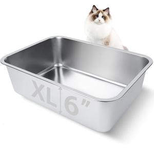 Stainless Steel Cat Litter Box for Adult Cats or Kitty/Kitten 19.5"x13.6"x6" Rust-Proof, High Side, Non Stick, No Smell, Easy to Clean Metal Cat Litter Box