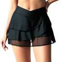 Zmart Women High Waisted Swim Skirt  V Cut Layer Ruffle Crossover Skorts Swimsuit Bathing Suit Bottoms with Shorts (Small, Black)