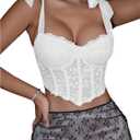 SHENHE Women's Tie Back Floral Lace Bustier Corset Top Tie Shoulder Sexy Crop Top Camisole (Large, White)