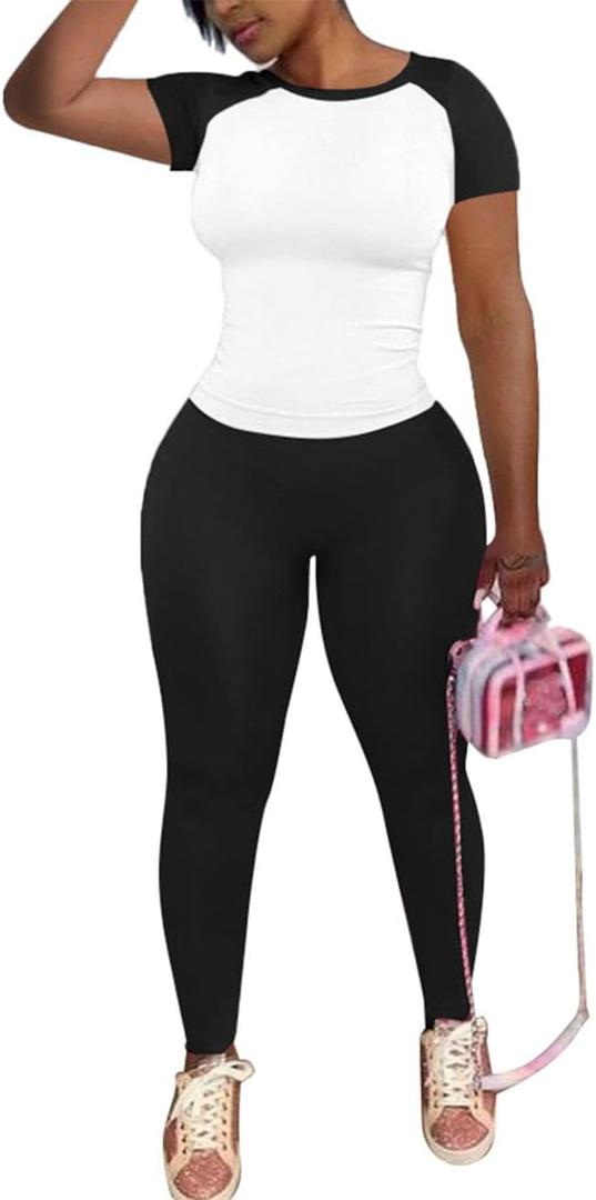 PINSV 2 Piece Sets for Women Summer Workout Sets Short Sleeve Top Jogger Legging Pants Track Suits Black B L