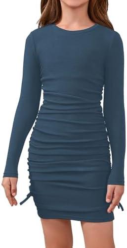 OYOANGLE Girl's Ruched Knitted Long Sleeve Round Neck Dress Drawstring Side Short Dresses 9Y