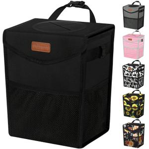 Pritent Car Trash Can with Lid, Cute Leakproof Car Trash Garbage Bag Hanging Vehicle Trash Bin Small Portable Automotive Garbage Cans Organizer for Back/Front Seat(4 Gallons,Black)