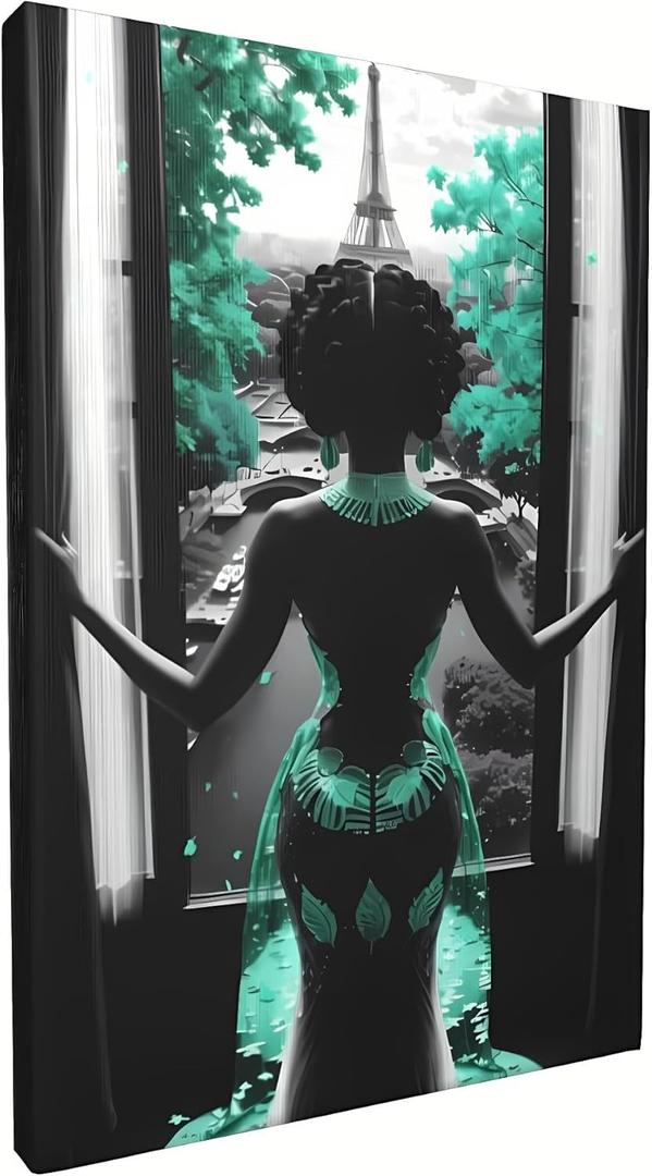 Black Girl Wall Art African American Wall Decor Modern Paris Painting Pictures Canvas Prints Teal Bathroom Decor Framed Artwork for Bedroom (Teal Framed, 16 * 24 inch)