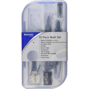 Westcott 10-Piece Math Set for Students, Includes 2 Compasses, Protractor & Ruler, Back to School, Classroom, School Supplies, Geometry Practice, Durable Storage Case